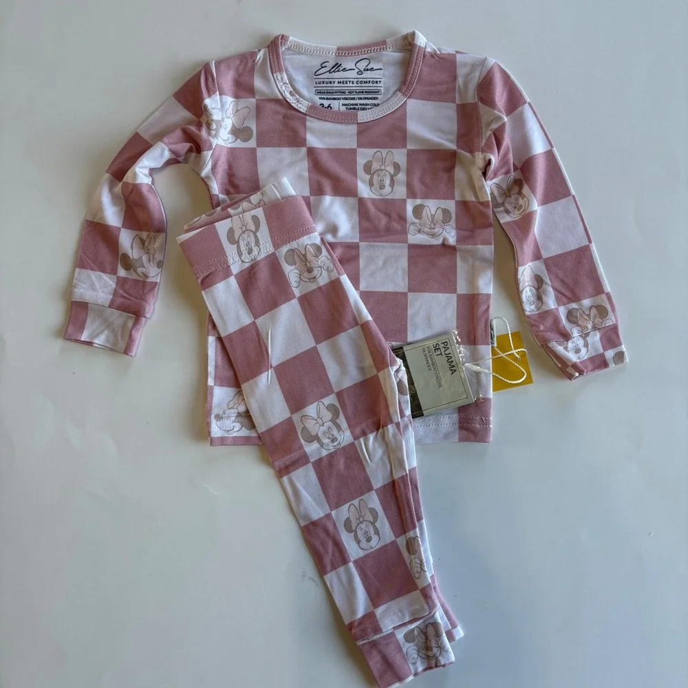 Minnie Mouse & Friends Bamboo PJ Set Infant 3-6M Pink‎ Check LS Pants 2 PC NEW
